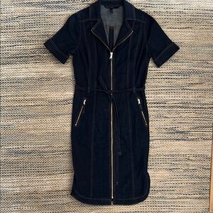 White House Black Market Denim Dress with Notched Collar and gold toned zippers